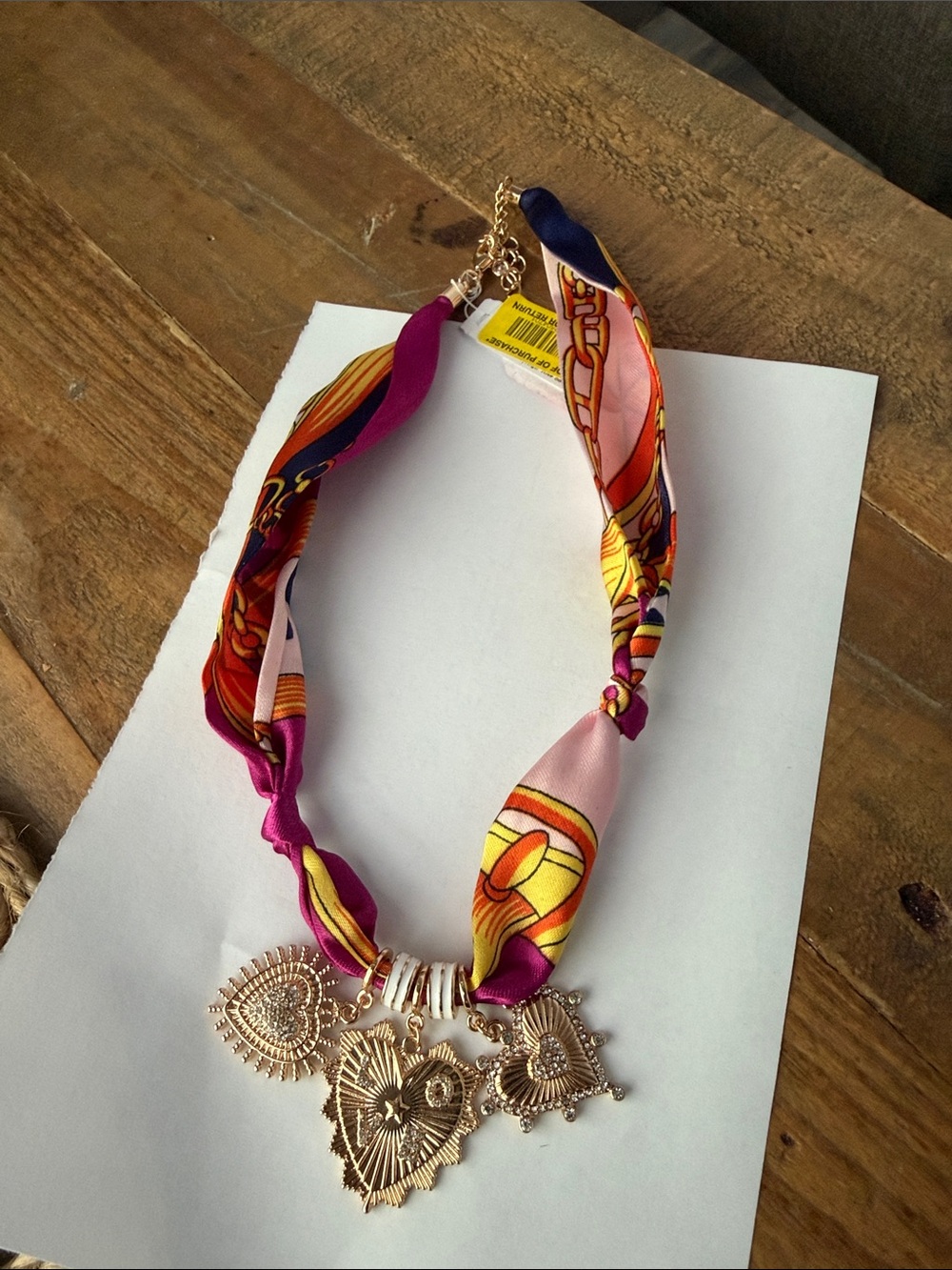 Silk Scarf Necklace with Gold Heart Charms - Pink & Purple great giftable